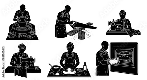Artisanal Crafts Silhouette Set Featuring Pottery, Woodworking, Sewing, Baking Bread, and Traditional Manual Labor