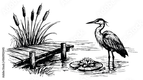 Hand drawn line art illustration of a heron depicting a peaceful wetland scene with a dock and cattails for nature and outdoor themes