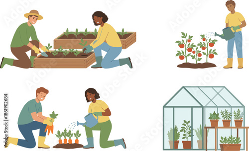 Home gardening illustration set showing planting watering and harvesting vegetables in raised beds greenhouse sustainable eco friendly lifestyle activities