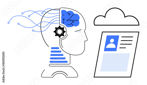 Artificial intelligence. Artificial intelligence ed by human head, neural connections, and cloud data. Artificial intelligence connecting machine learning and digital transformation. For futurism