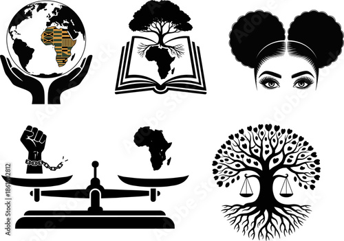 Powerful Vector Bundle: African Diaspora Symbols, Black History Month Graphics, Justice Scale, Kente Cloth Globe, Tree of Life, and Liberated Fist Silhouettes.