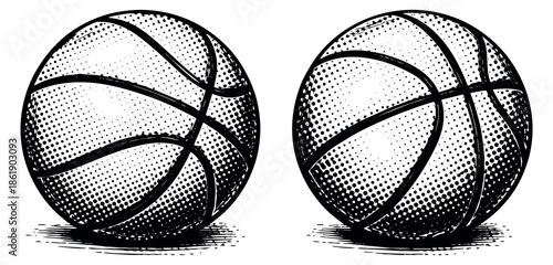 Hand drawn line art basketball set featuring two textured balls for sports design