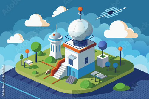 Isometric illustration of a scientific observatory with radar domes and antennas on a floating island, representing research, technology and space observation