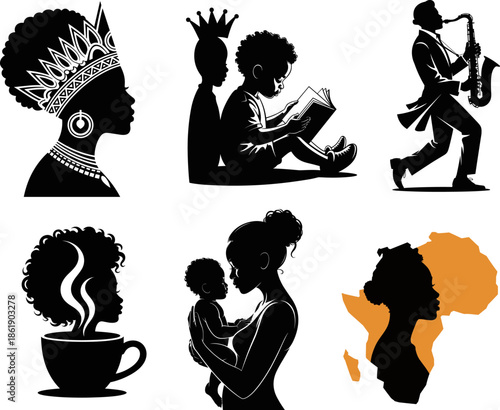 Diverse African Heritage Silhouettes Vector Collection: Queen, Saxophone Musician, Mother and Child, Education, and Map of Africa Icons | Black History Month Culture and Identity Graphics