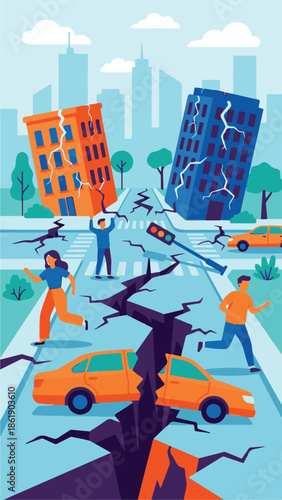 Urban Earthquake Disaster: Cracked Buildings, Roads, and Fleeing People