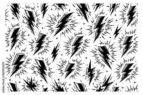 Hand drawn lightning bolt pattern set featuring bursting electric energy for power and weather concepts