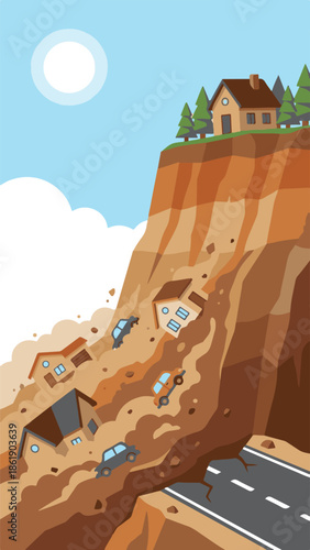 Landslide disaster: Houses and cars falling down a collapsing cliff