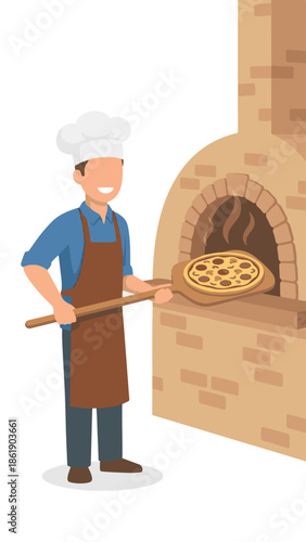 Chef Baking Pizza in Traditional Brick Oven with Pizza Peel Illustration