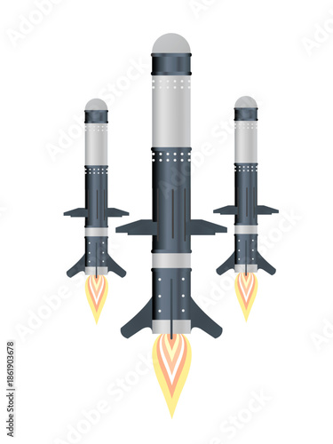 Three stylized grey and dark blue military rockets launching in formation with fiery exhaust plumes.