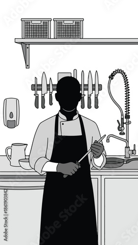 Chef sharpening a knife in a kitchen, black and white illustration