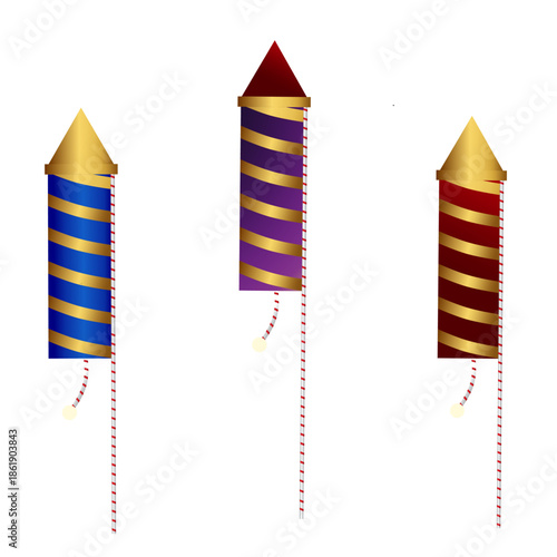 Set of three colorful firework rockets with shiny gold stripes, conical tops, and long fuses.