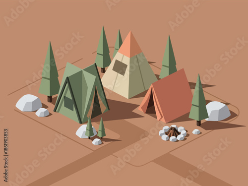 Isometric lowpoly campsite with three tents pine trees rocks and a fire pit