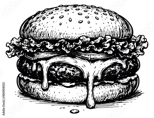 Hand drawn line art illustration of a hamburger depicting delicious melting cheese and fresh ingredients for a fast food menu or restaurant promotion