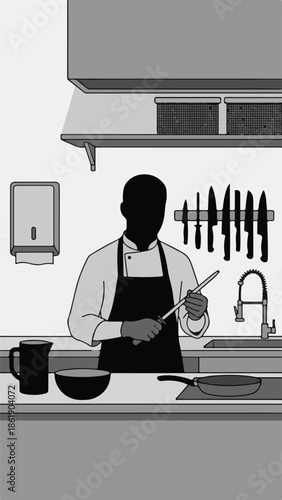 Chef sharpening a knife in a professional kitchen, monochrome illustration