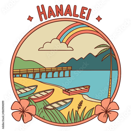 Hanalei Bay pier with hibiscus flowers and rainbow round emblem