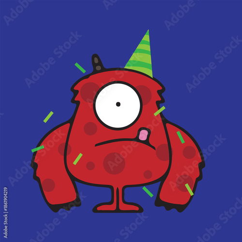 Funny red one-eyed monster with party hat, cute dotted creature illustration on blue background.