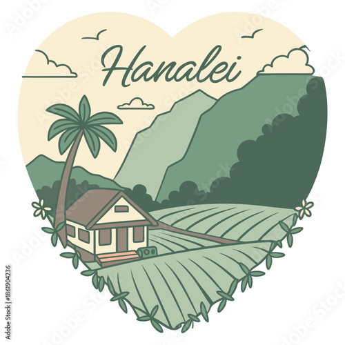 Hanalei countryside plantation house and taro fields heart illustration
