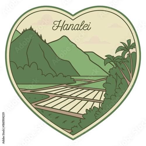 Hanalei Valley taro fields and mountains heart shaped vintage badge