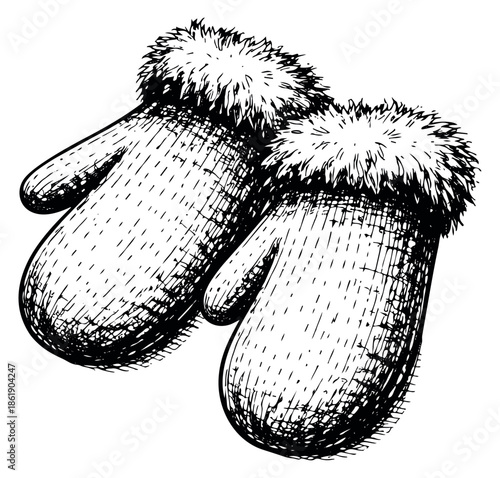 Hand drawn line art illustration of a pair of mittens depicting warm winter wear for the cold season