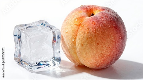 Peach beside ice cube with water droplets