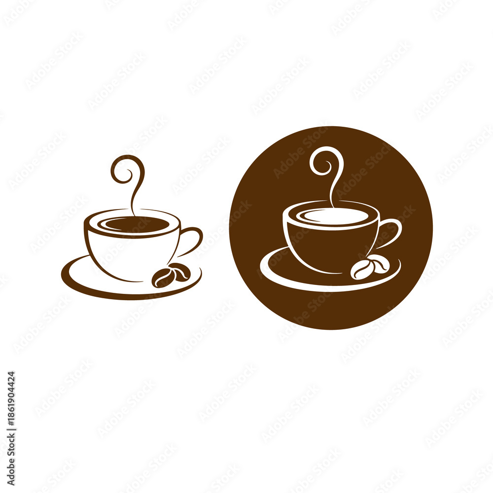 Obraz premium Brown coffee cup icon with steam simple flat vector for cafe and beverage Hot coffee cup icon. Coffee Mug and Beans Logo Design. Minimalist Brown Coffee Shop Symbol.