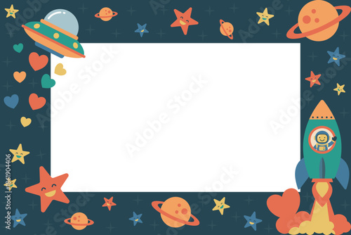 Outer space Valentine's Day frame with copy space. Boy-friendly background featuring rockets, UFOs, and smiling stars. Vector flat design border for kids greeting card or science party invitation.