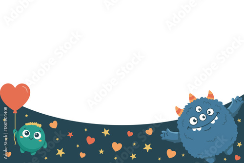 Cute monster Valentine's Day background with bottom border copy space. Template featuring furry creature giving free hugs. Vector flat design layout for boy-friendly banner or greeting card.