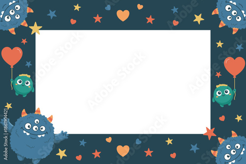Playful monster Valentine's Day frame with copy space. Boy-friendly background featuring cute furry beasts and hearts. Vector flat design border for kids greeting card or birthday invitation.
