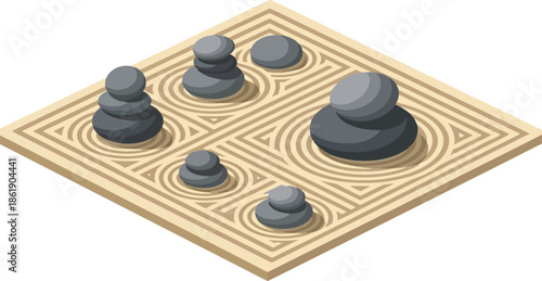 Isometric view of a Japanese Zen sand garden with stacked gray stones