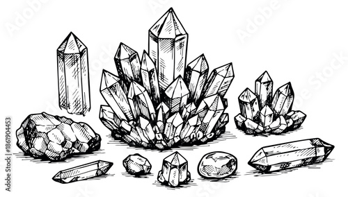 Hand drawn line art crystal and gemstone set featuring various natural minerals for spiritual and geological themes