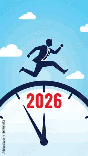 Businessman leaping over 2026 clock, symbolizing future goals and progress