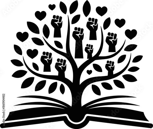 Vector tree with heart-shaped hands and decorative wings surrounded by floral and butterfly elements