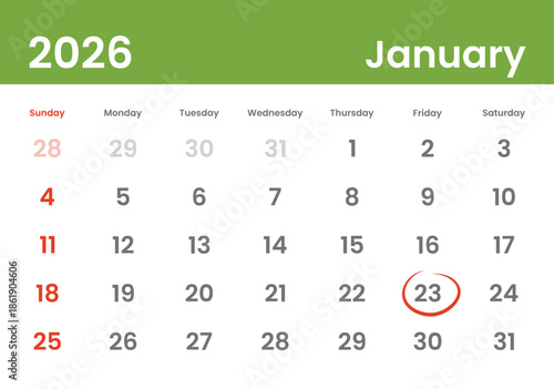 January 23, 2026 Calendar Day Monthly Minimalism Style Landscape Horizontal Calendar. January 23 highlighted. American Grid and Week Starting on Sunday