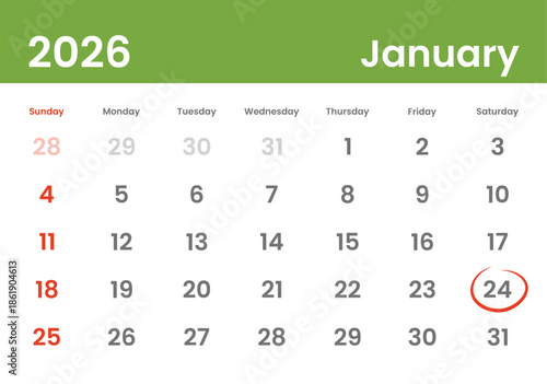 January 24, 2026 Calendar Day Monthly Minimalism Style Landscape Horizontal Calendar. January 24 highlighted. American Grid and Week Starting on Sunday
