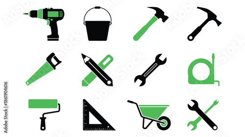 Construction and DIY Home Repair Tools Icon Set - Green and Black Flat Vector Icons for Maintenance and Renovation