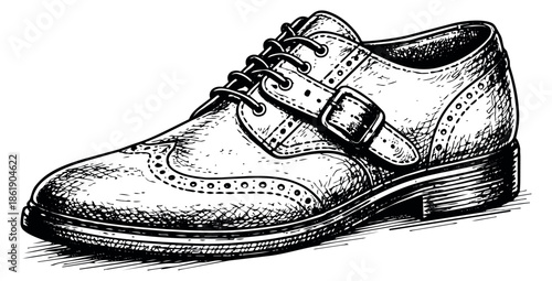 Hand drawn line art illustration of a men's dress shoe depicting vintage style and intricate details for fashion design