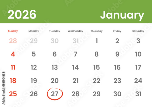 January 27, 2026 Calendar Day Monthly Minimalism Style Landscape Horizontal Calendar. January 27 highlighted. American Grid and Week Starting on Sunday