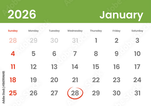 January 28, 2026 Calendar Day Monthly Minimalism Style Landscape Horizontal Calendar. January 28 highlighted. American Grid and Week Starting on Sunday