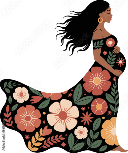 Beautiful Pregnant african Woman in Folk Art Floral Dress Vector Illustration | Celebrating Motherhood, Fertility, and Femininity with Boho Botanical Patterns and Elegant Dark Skin Tone Design