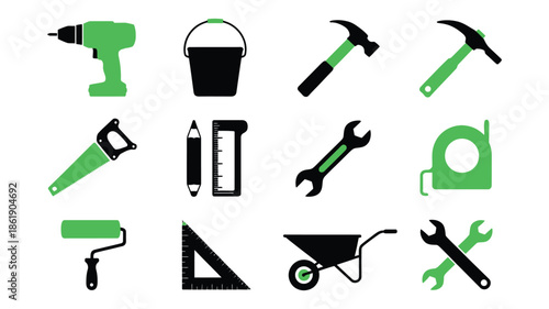 Essential Green and Black Construction Tool Kit Icons - Flat Vector Design for DIY Home Improvement, Renovation and Professional Maintenance