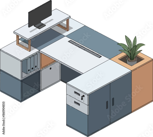 Isometric view of a modular Lshaped office desk with storage and monitor stand