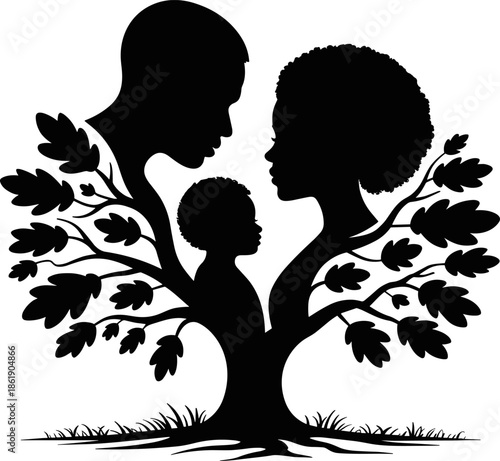 African American Family Tree Silhouette Vector: Black Parents and Child Profiles Integrated into a Tree, Symbolizing Strong Roots, Heritage, Growth, Unity, and Generational Connection.