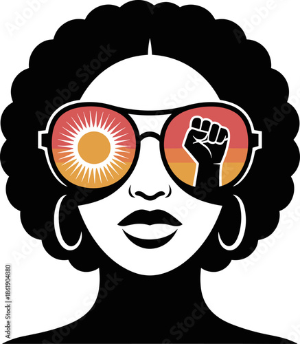Empowered Black Woman Vector: Retro Afro Hair, Stylish Sunglasses Reflecting Power Fist and Sunrise. Bold Graphic Design for Freedom, Protest, and Black History Month Celebrations.