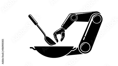 A robotic arm preparing food in a pan with a spatula, symbolizing modern kitchen automation