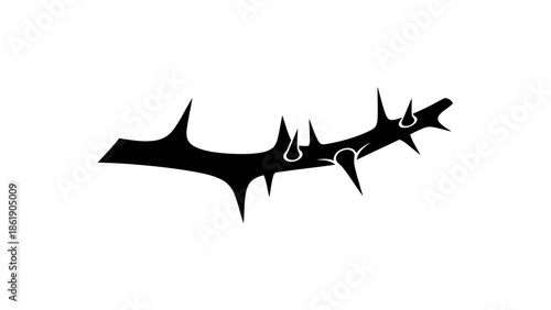 Black silhouette of a thorny branch featuring sharp spikes against a stark white background