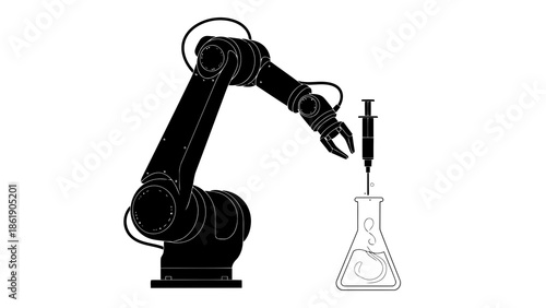 Robot arm holding pipette over laboratory flask