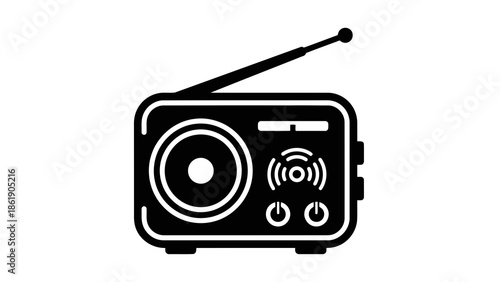 Black radio icon with antenna isolated on white background