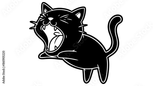 Black cat yawning wide open isolated on white background