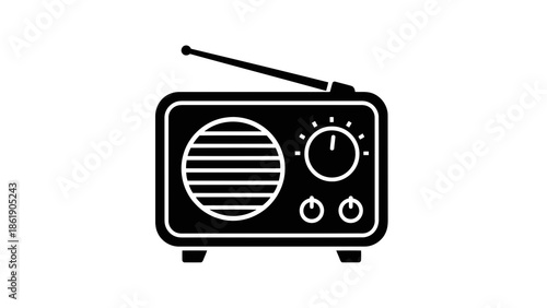 Black and white icon of a vintage radio isolated on white background