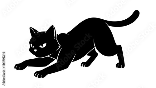 Black cat pouncing silhouette isolated on white background